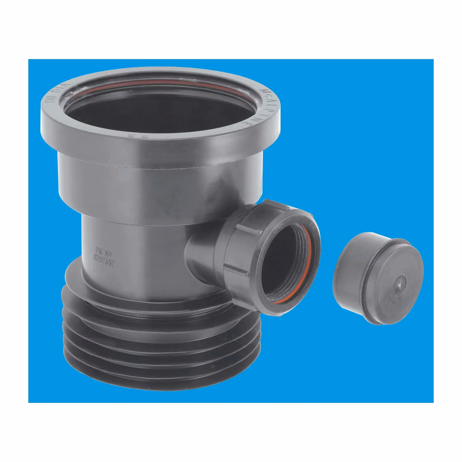 McAlpine Black 110mm Drain Connector with 1.5 inch Boss and Blanking Cap – 2