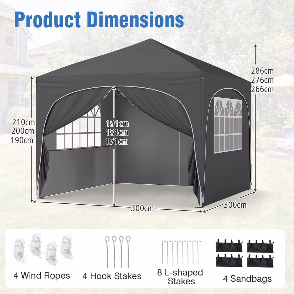 Costway Pop up Canopy Tent Portable Foldable Beach Sun Shelter, Grey/Silver, W: 300 cm, D: 300 cm, H: 286 cm – 2