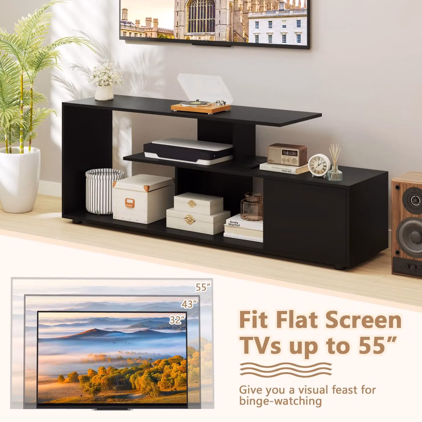 Costway Modern 3-Tier Media Console TV Stand for TVs up to 55 inch, Black – 5