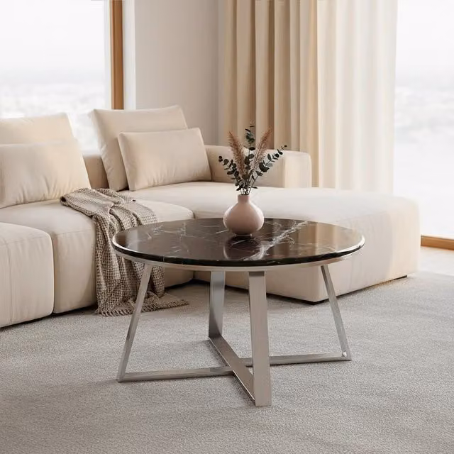 Orsina Round Coffee Table with Black Marble Top and Silver Finish, W/D/H: 80 x 80 x 45 cm – 1