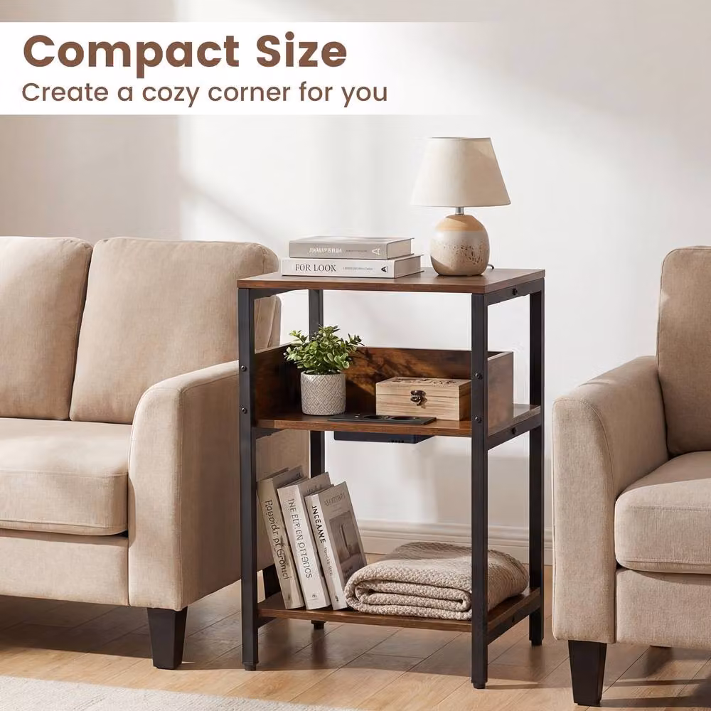 Gymax 3-Tier Industrial Side Table with Charging Station, Brown, W: 40 cm, D: 30 cm, H: 61 cm – 7