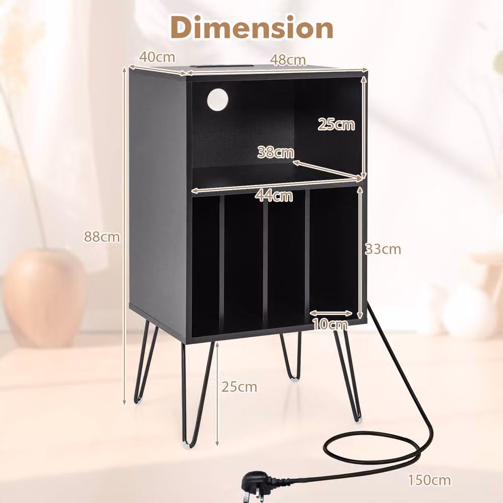 Gymax 3-Tier Record Player Stand and Vinyl Storage Unit with Charging Station in Black – 3