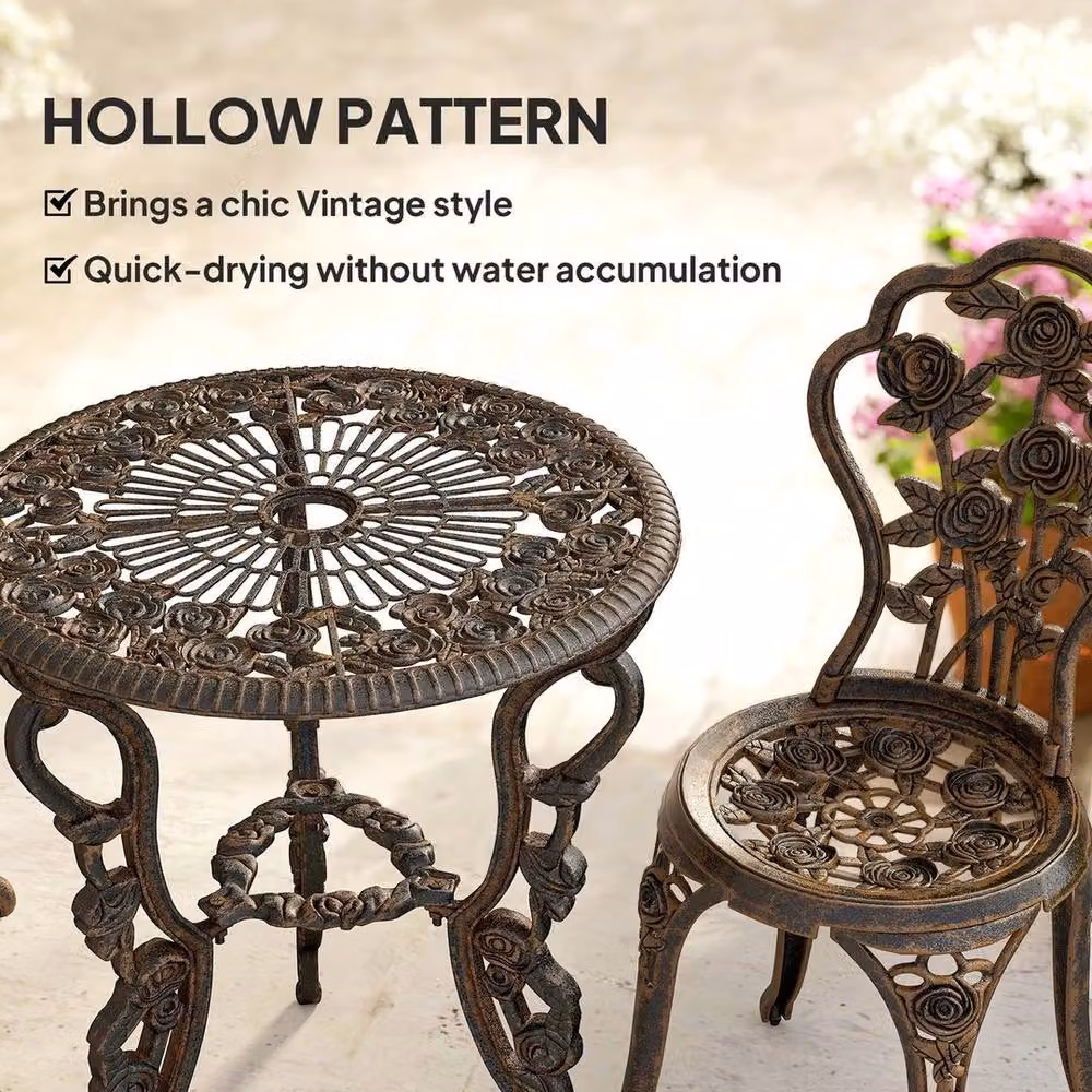 KORVIXA Bronze Metal Outdoor Bistro Set with Umbrella Hole and Floral Vintage Design – 3