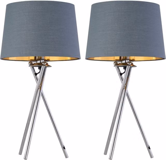 First Choice Lighting Set of 2 Chrome Tripod Lamps with Grey and Gold Fabric Shades – 1