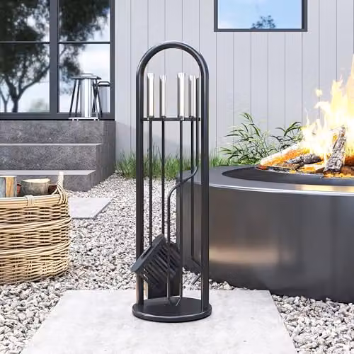 Outsunny 5 Piece Metal Fireplace Companion Set in Silver and Black – 7