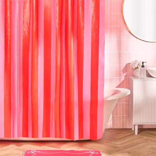 OHS Striped Pink and Multicolour Polyester Shower Curtain, Waterproof and Mould Resistant with Weighted Hem, W/H: 180 x 180 cm