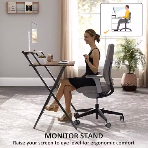 HOMCOM Folding Computer Desk with Monitor Shelf in Rustic Brown – 5