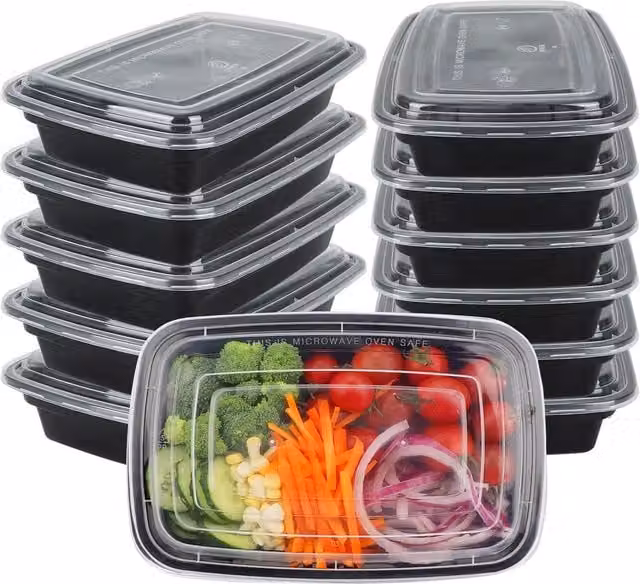 ECONX 50 Pack Black 24oz Single Compartment Meal Prep Bento Lunch Boxes, Leakproof and Microwave Safe Plastic Containers