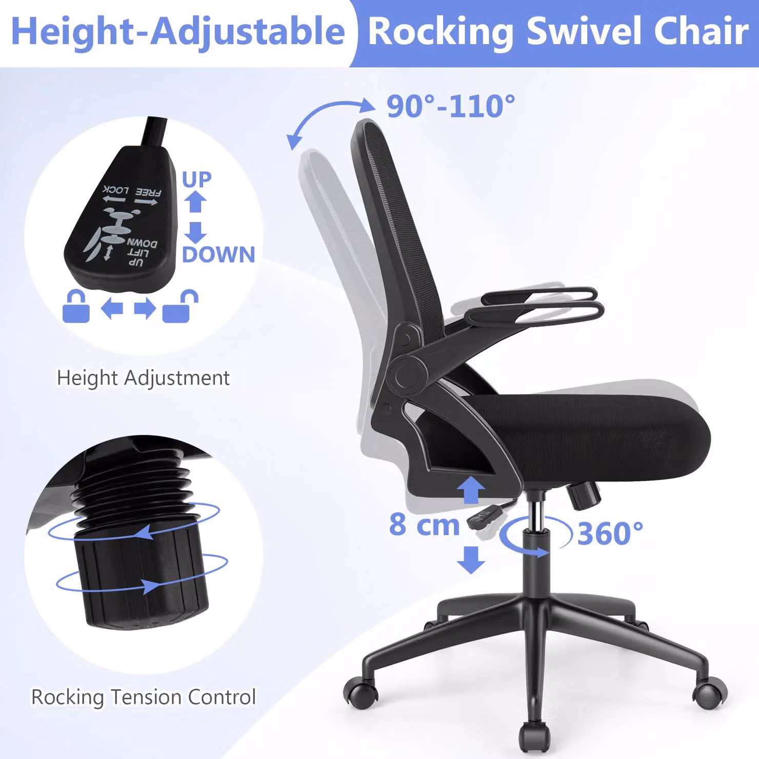 Gymax Black Fabric Swivel Mesh Office Chair with Adjustable Height and Flip-up Arms – 6