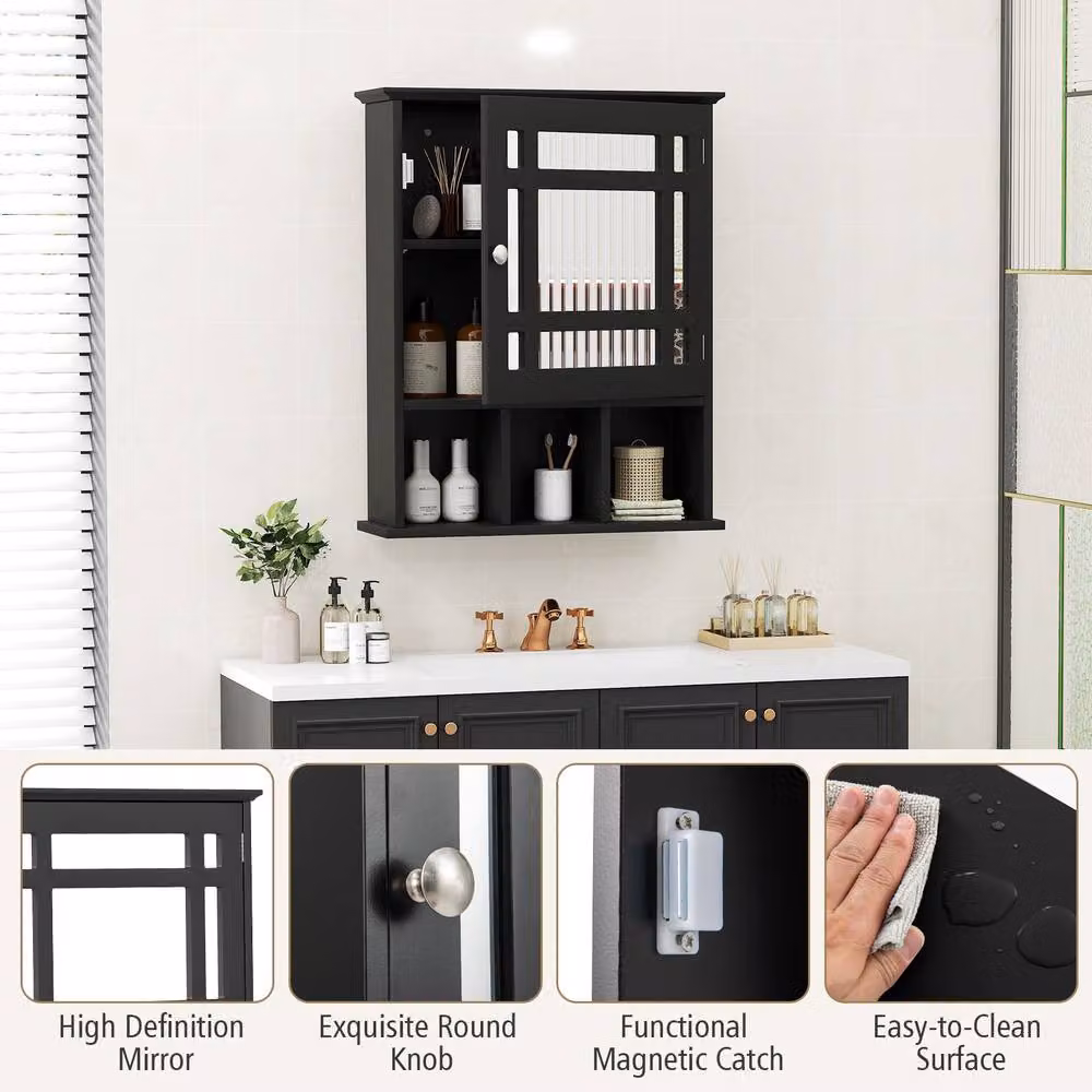 Gymax Wall-Mounted Black Bathroom Storage Cabinet with Mirror Doors and Internal Shelves – 3