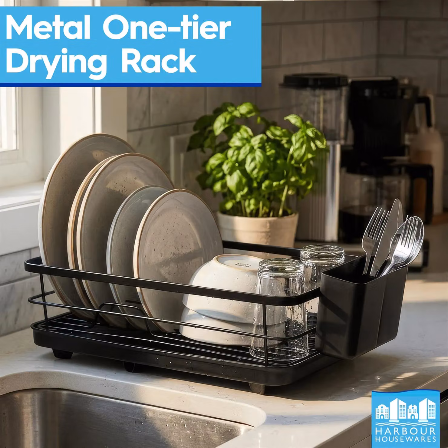 Harbour Housewares Compact Metal Dish Drainer Rack with Drip Tray and Cutlery Holder in Black, W/D/H: 40.0 x 12.0 x 12.0 cm – 8