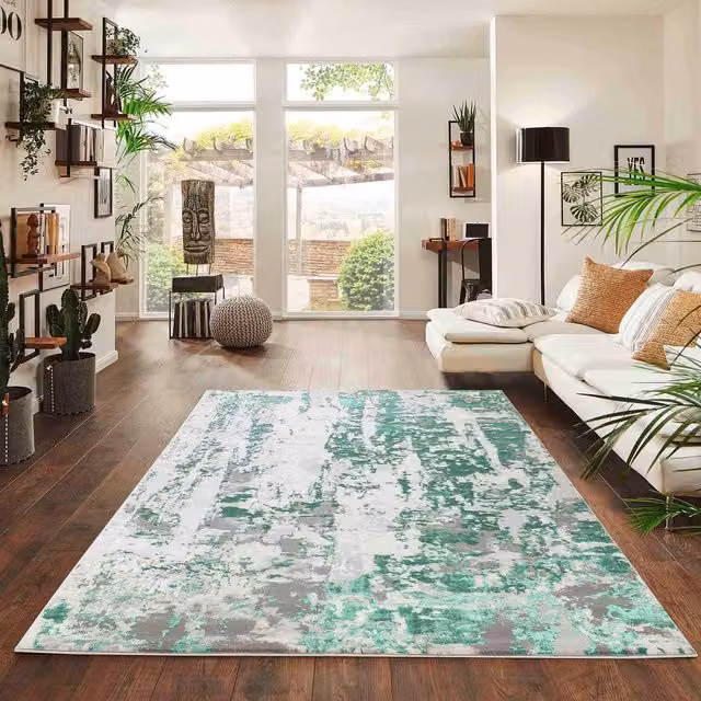 Desire Rugs Styra Modern Abstract Area Rug in Aqua, Blue and Silver, W: 120 cm, L: 170 cm