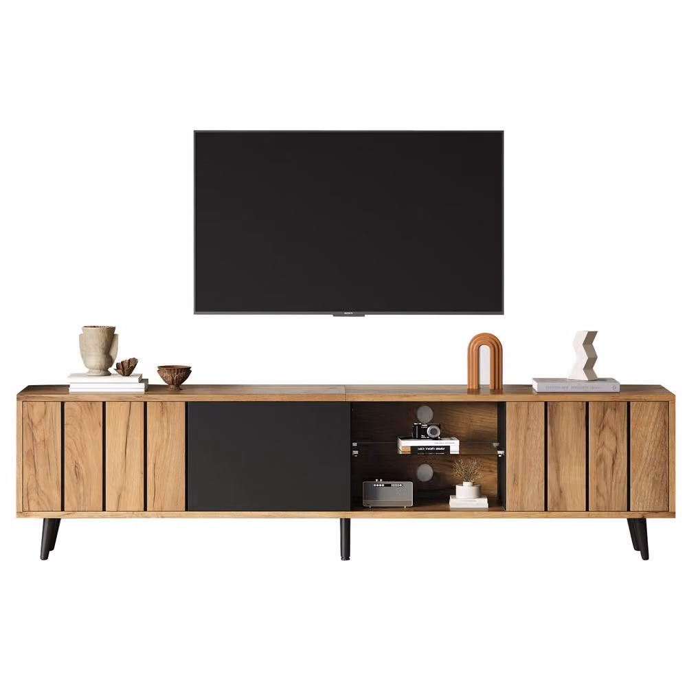 STILVORA Modern Brown TV Stand with 3 Doors and Tempered Glass Shelf – 4