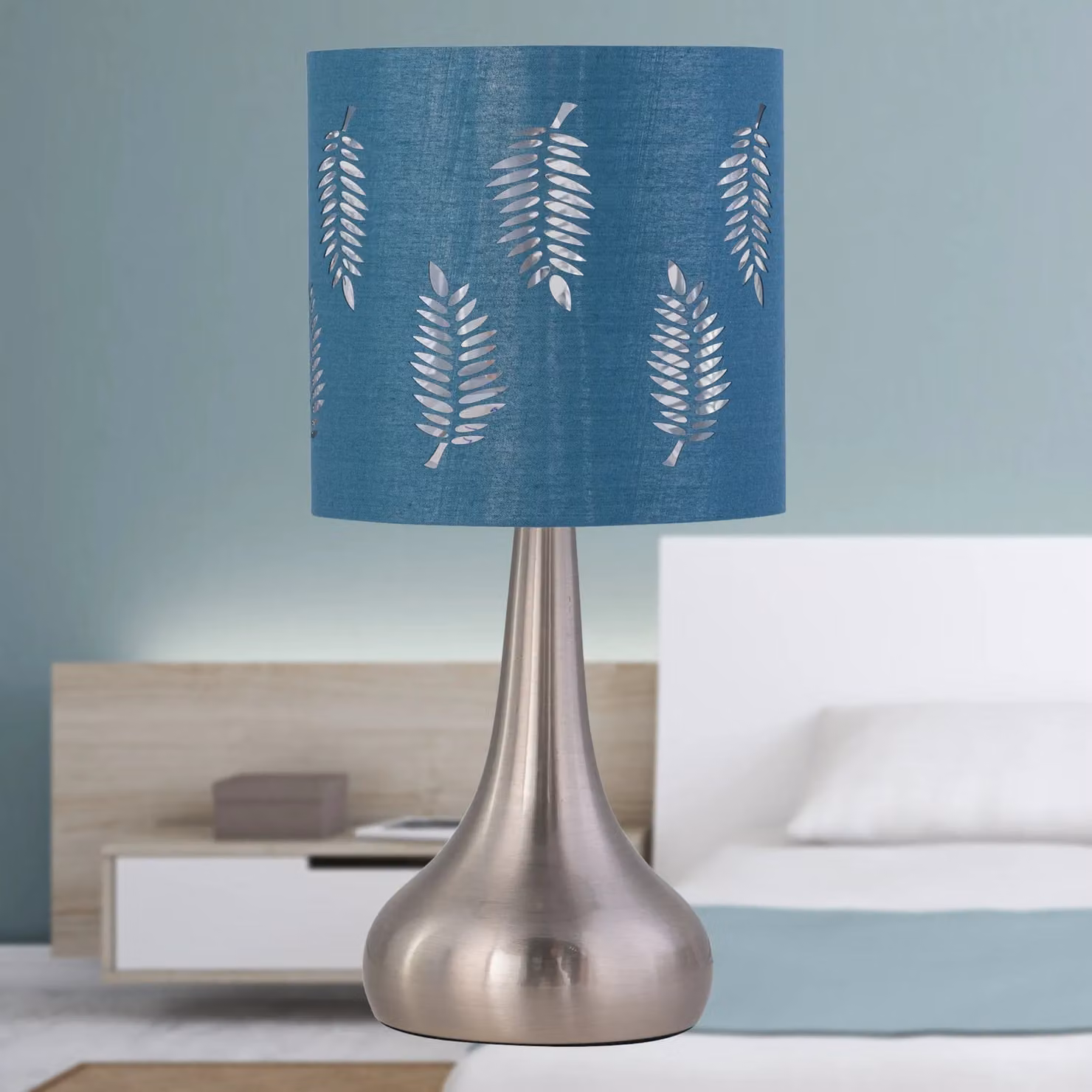 First Choice Lighting Romana Set of 2 Brushed Chrome Touch Table Lamps with Teal Fabric Shades – 4