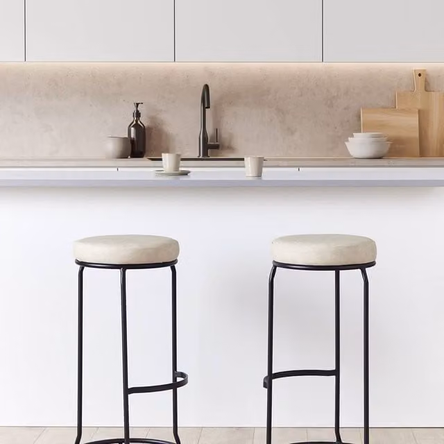Wyld and Coco Set of 2 Beige Faux Leather Bar Stools with Black Metal Legs