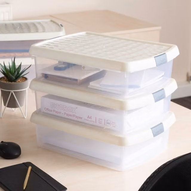 Wham Set of 5 Rectangular Plastic Storage Boxes with Lids, 8.5L Each, Beige