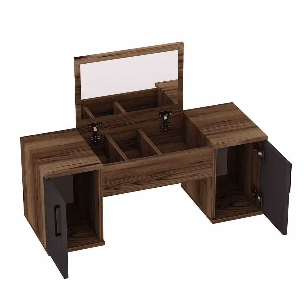 Destina Home Marie Wall-Mounted Makeup Table with Mirror, Shelves and Cabinets, Light Brown, W: 100 cm, D: 38.6 cm, H: 35.5 cm – 2
