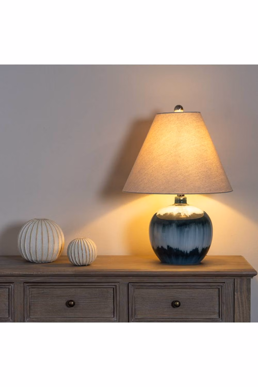 KDMD Ocean Shadows Squat Table Lamp with Blue Linen Fabric Shade – 2