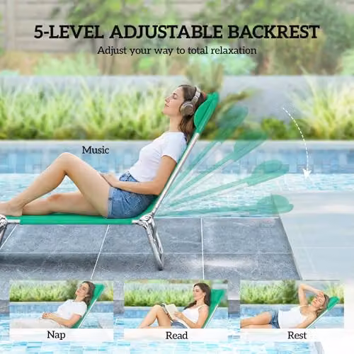 Outsunny Set of 2 Folding Sun Loungers in Dark Green Textilene with Adjustable Headrest and Powder Coated Steel Frame – 4