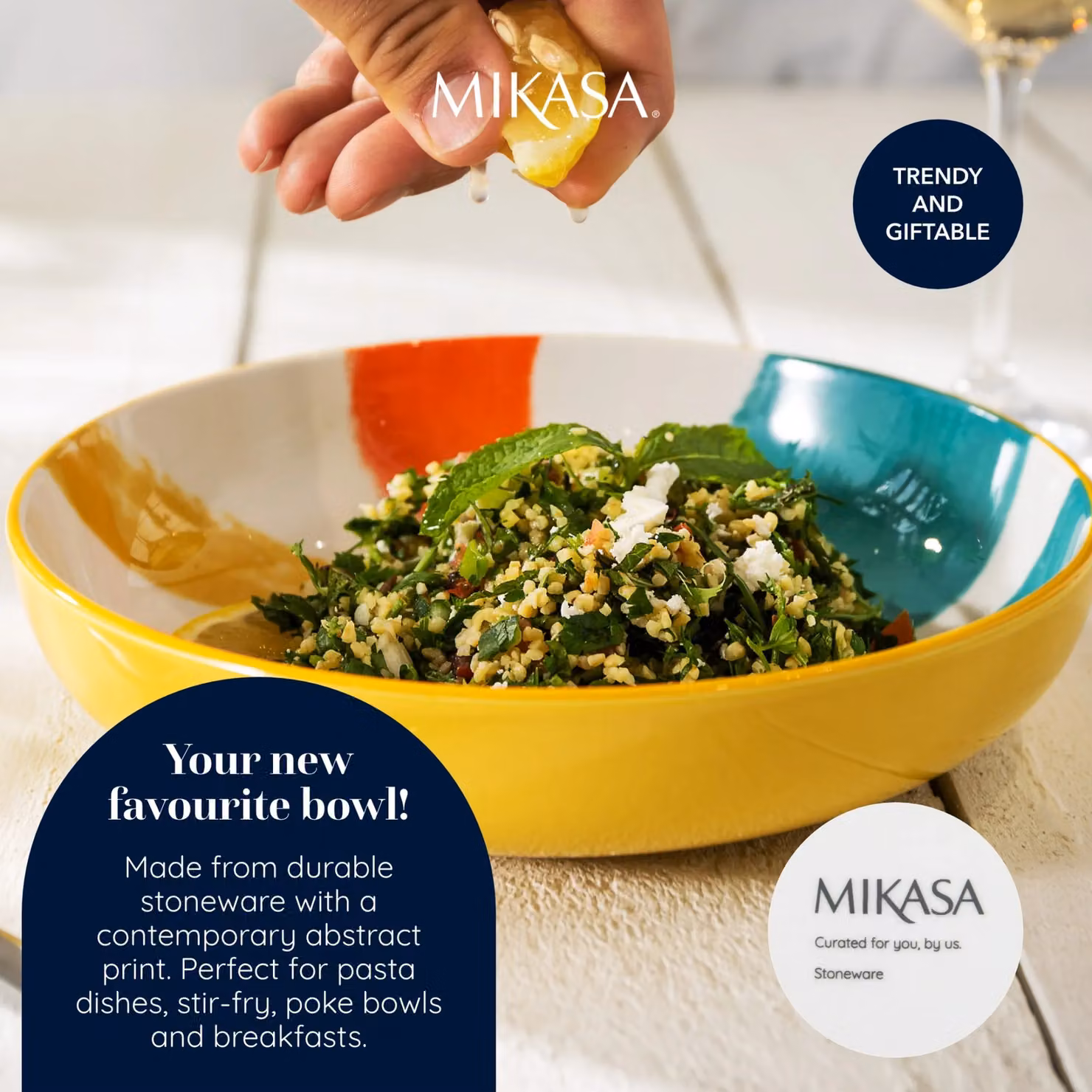 Mikasa Yellow Abstract Geometric Stoneware Pasta Coupe Bowl, Diameter: 21 cm – 6