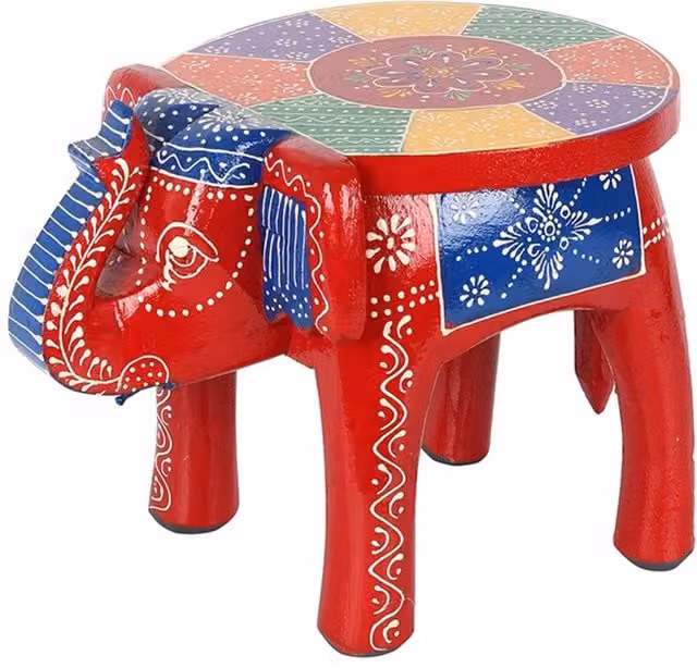 KDMK Multicoloured Floral Elephant Stool in Red Wood