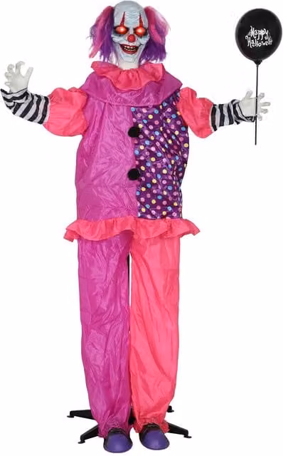 Outsunny Life Size Halloween Animated Clown with Balloon and Red Light Up Eyes, Sound Activated Moving Body, Height: 175 cm