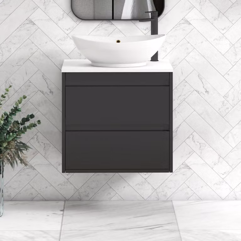 Royal Bathrooms Orion 600mm Wall Hung Vanity Unit with Amaze Basin and 2 Drawers in Matt Obsidian Black and White with Black Accent Trim