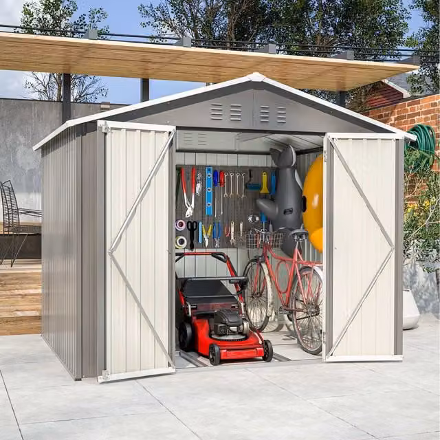 BIRCHTREE Metal Garden Shed in Grey and White with Double Doors and Gable Roof