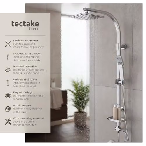 tectake Aluminium Rain Shower System with Handheld Shower and Soap Dish in Chrome Finish – 3