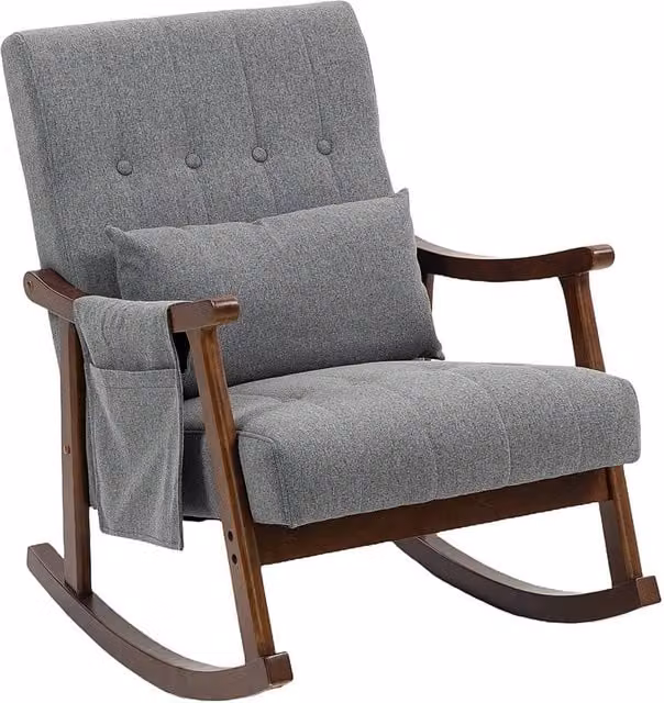 Nordara Grey Modern High-Back Fabric Rocking Chair with Armrests and Solid Wood Legs
