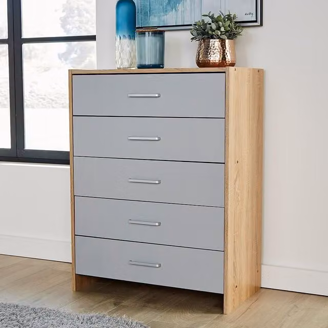 Home Source 5 Drawer Oak Bedroom Chest and Storage Organiser in Grey and Black