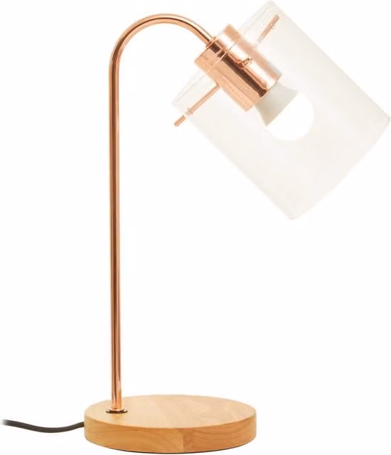 Premier Housewares Orsina Curved Desk Lamp with Clear Glass Shade and Wood Base in Copper and Gold, W/D/H: 15 x 40 x 25 cm – 1