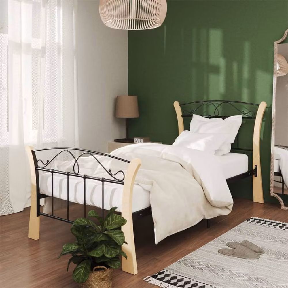 Berkfield Home Comfortable Bed Frame in Black Metal and Oak, W/D/H: 90 x 200 x 100 cm – 2