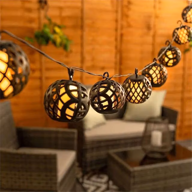 Nordara Solar LED Garden Fairy Lights with Black Metal Lanterns and Warm White Light