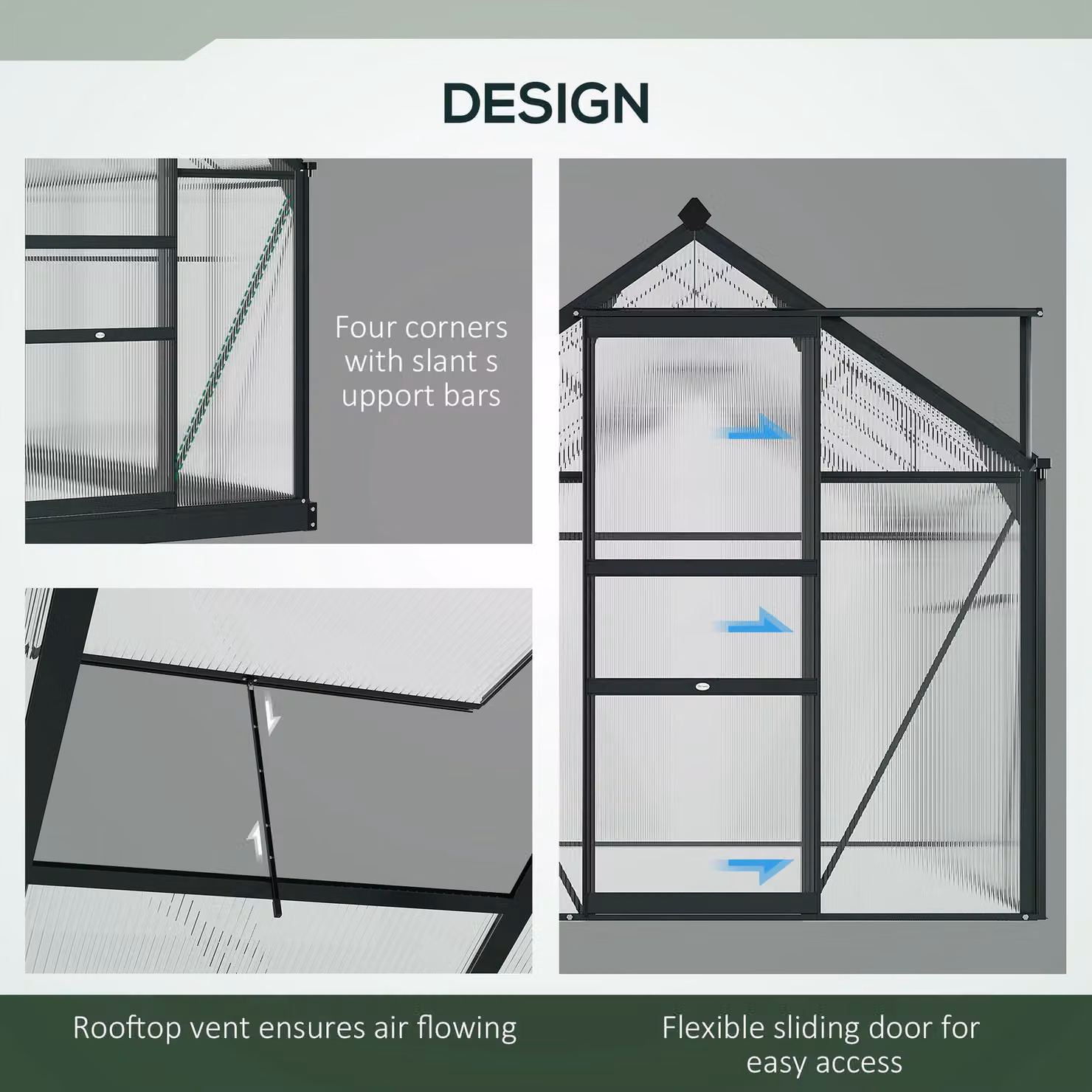 Outsunny Large Walk-In Greenhouse with Transparent Polycarbonate Panels and Aluminium Frame, W/D/H: 182.88 x 190.0 x 201.0 cm – 4