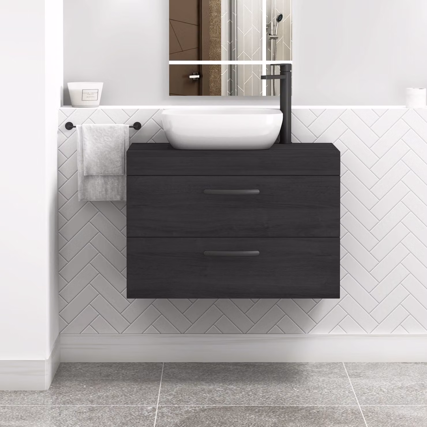Royal Bathrooms Hale 800mm Wall Hung Vanity Unit in Black with Elva Countertop Basin and Matt Black Handles