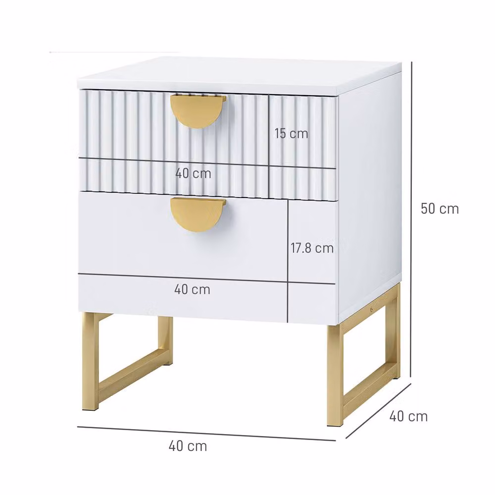STILVORA Modern Bedside Table with 2 Drawers in White and Gold – 2