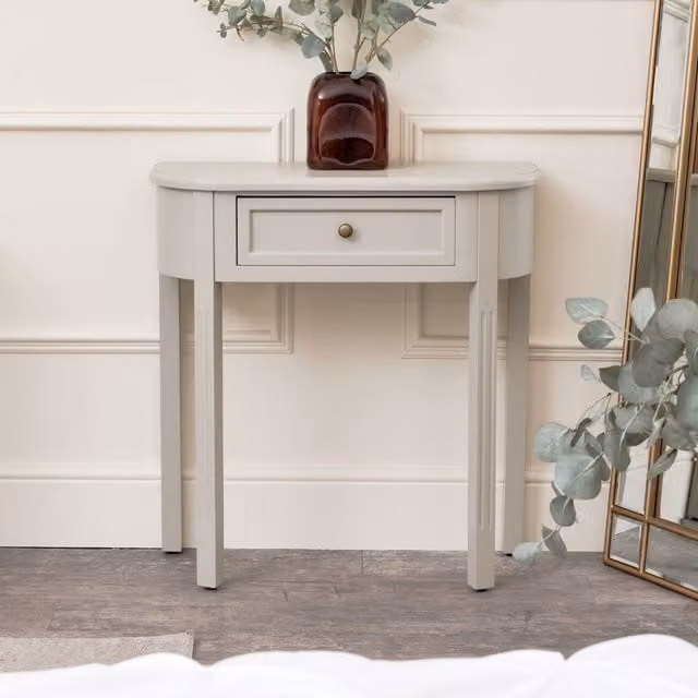 Melody Maison Daventry Taupe-Grey Half Moon Table in Grey and Beige