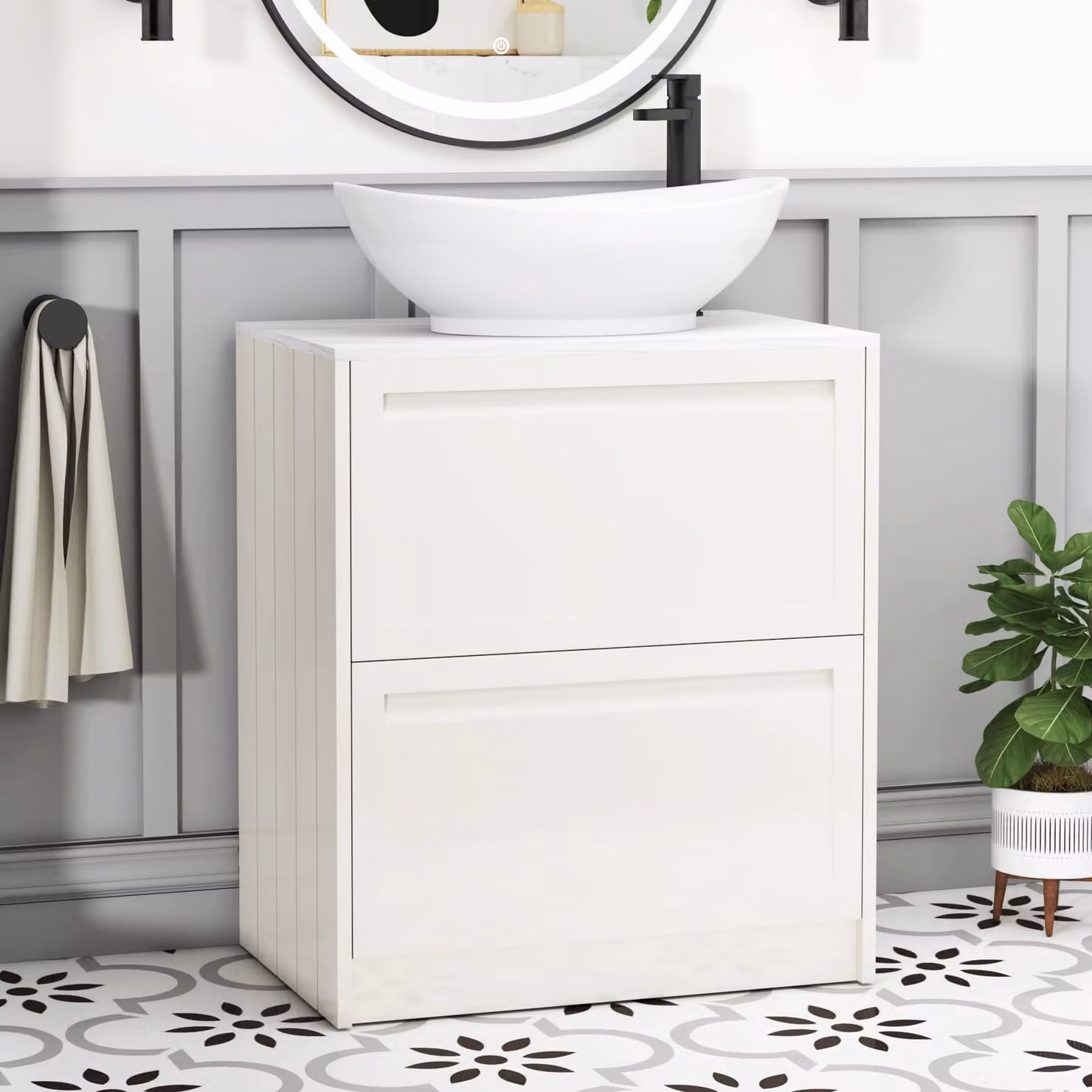 Royal Bathrooms Elmore Classic White Floor Standing Countertop Vanity Unit with Amaze Basin and 2 Drawers