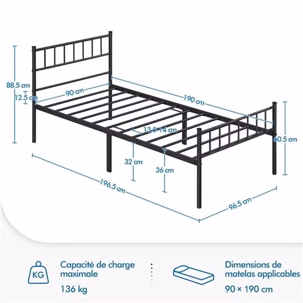 KORVIXA Single Metal Bed Frame, Black, W/D/H: 90 x 190 x 36.5 cm – 2