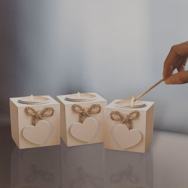 Marco Paul Set of 3 Rustic White Wooden Heart Tea Light Holders – 1