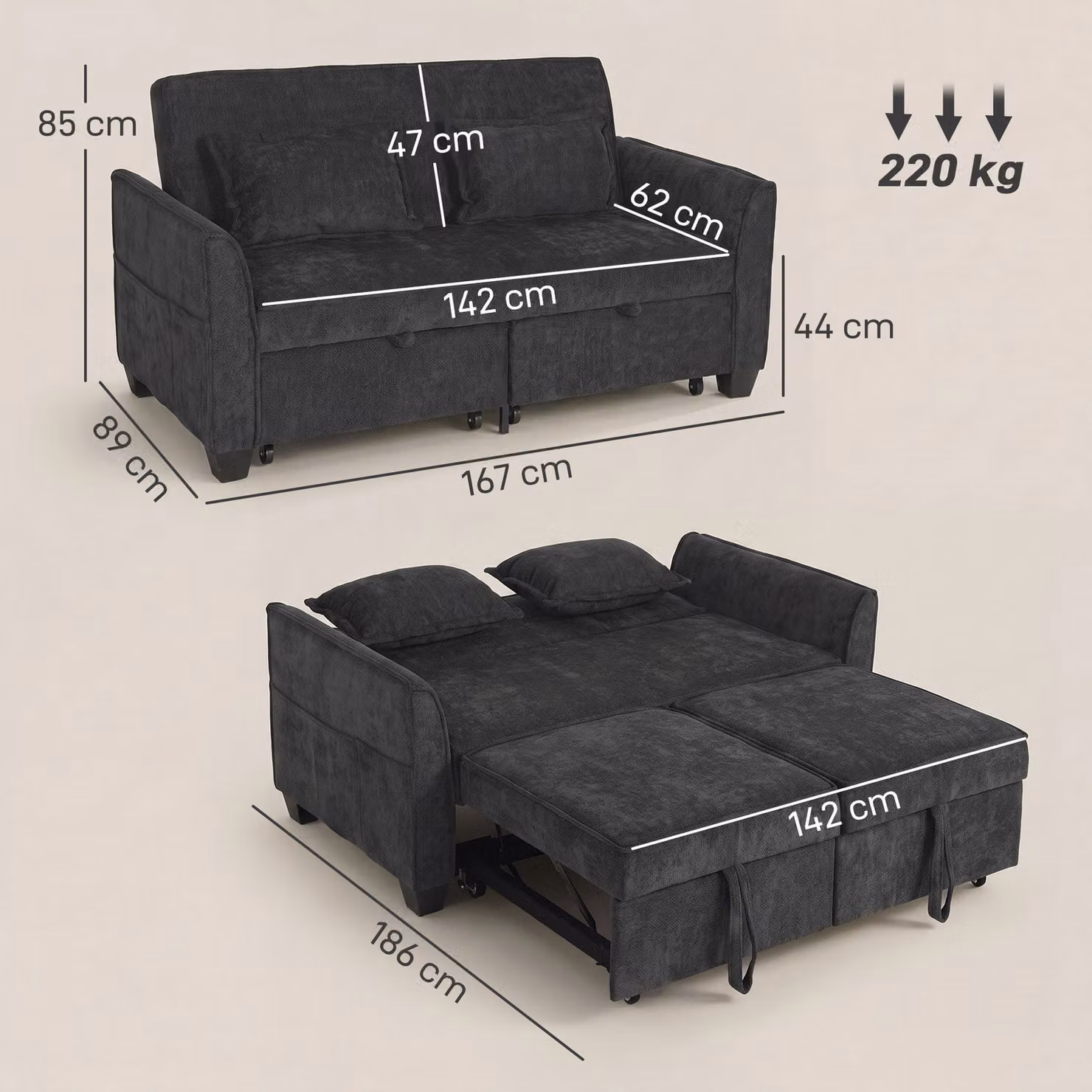 HOMCOM 2 Seater L-Shaped Convertible Sofa Bed in Black with Adjustable Backrest and Side Pockets – 3