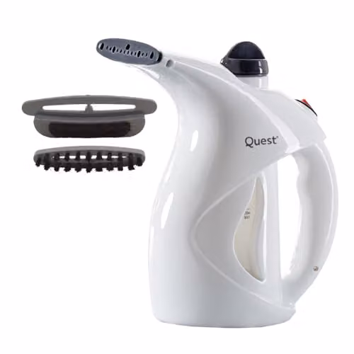 Quest Handheld Garment and Fabric Steamer in White and Silver with Brush Attachment and Auto Shut-off – 1