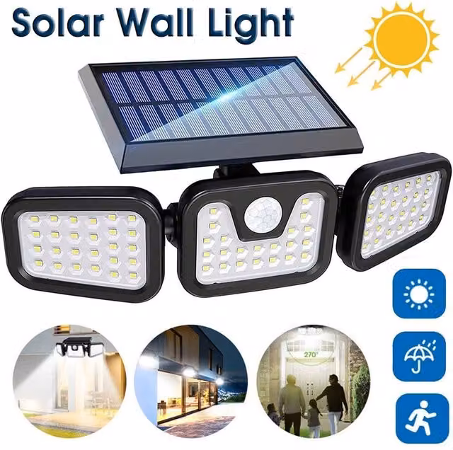 FLAVORA 3-Head 74 LED Solar Powered PIR Motion Sensor Wall Garden Floodlight in Black