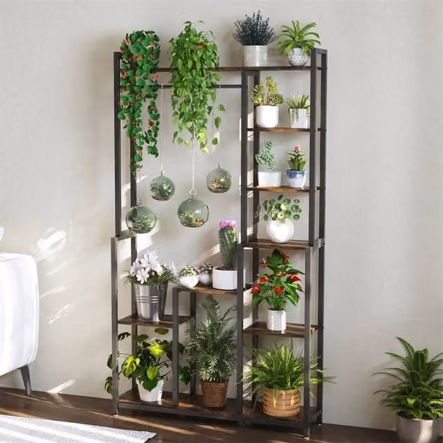 ERGOVEXA Industrial Corner Plant Stand with Hanging Rod in Black