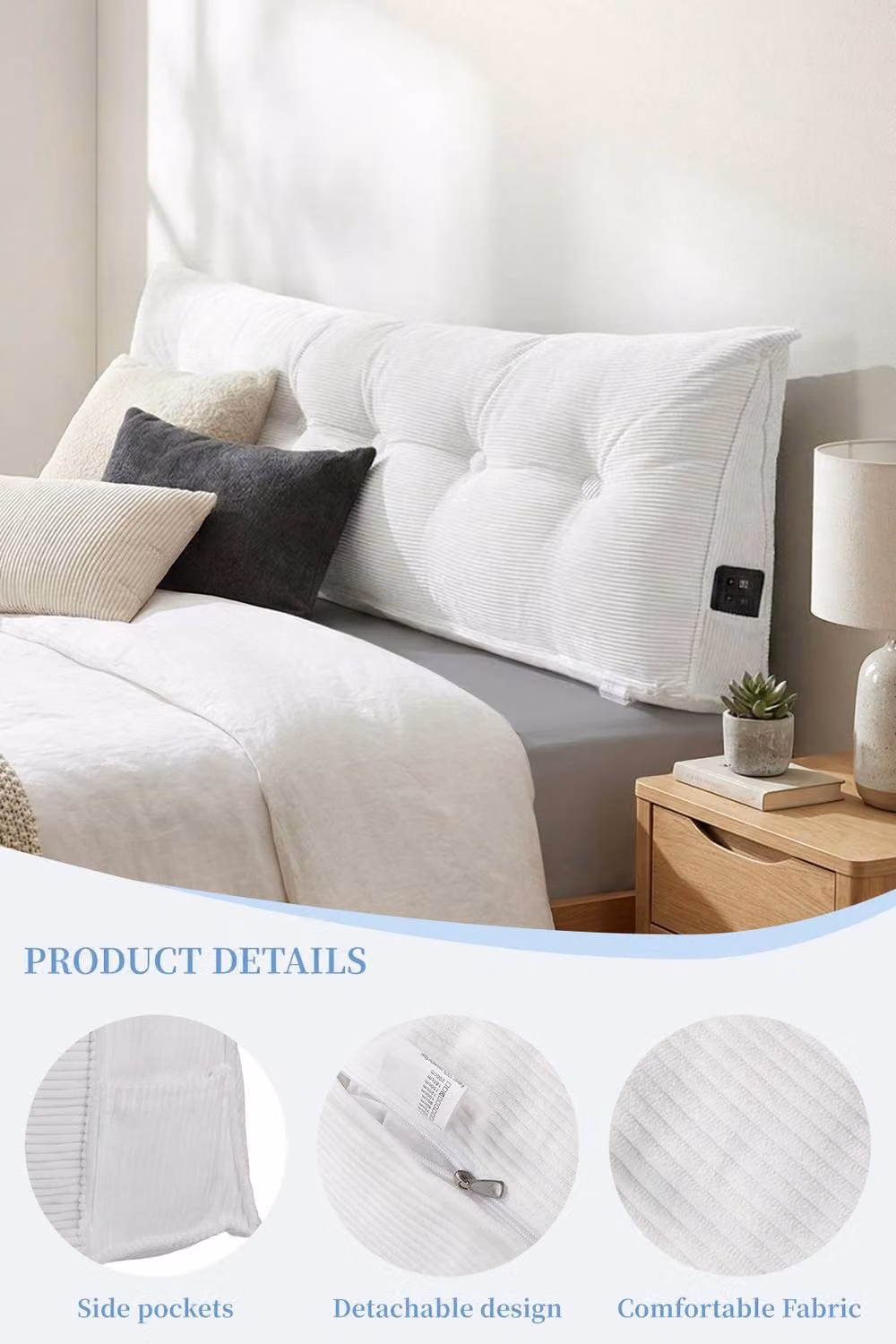 Garden Sanctuary White Corduroy Wedge Headboard Pillow with Removable Cover – 3
