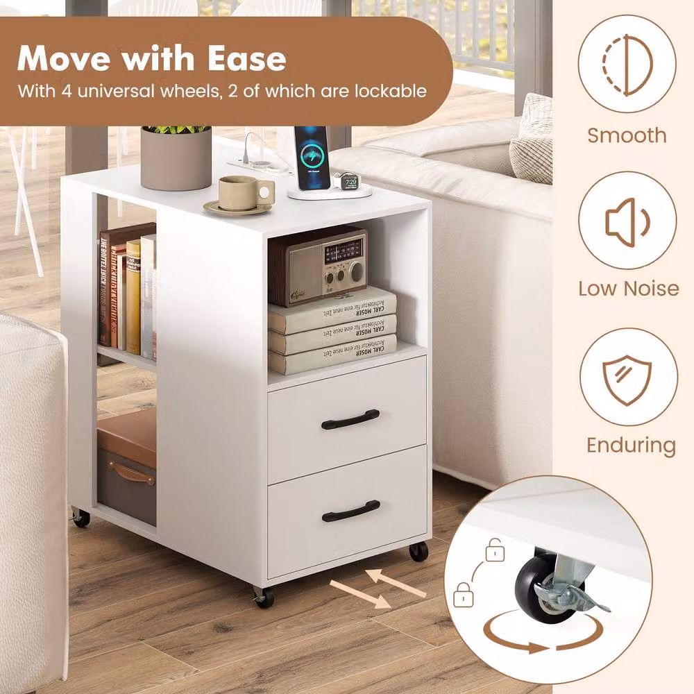 Gymax Rolling End Bedside Table with Storage Drawers and Shelves in White – 2
