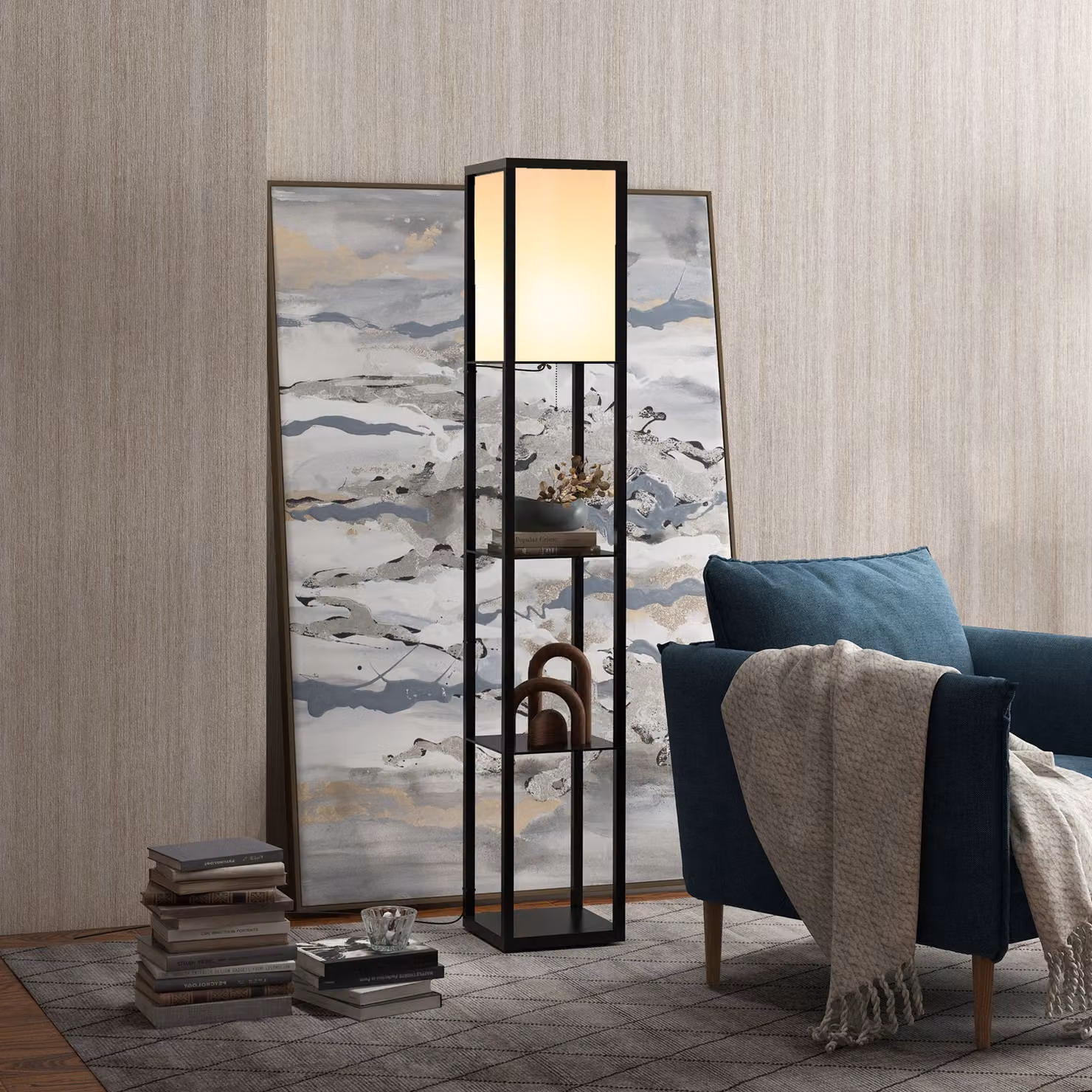 HOMCOM Modern Floor Lamp with Storage Shelves in Black – 2