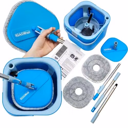IGAD Professional Mop Kit with Bucket and 2-Chamber Water Separation System in Blue, featuring a 130 cm Telescopic Handle and Microfibre Mop Pad – 1