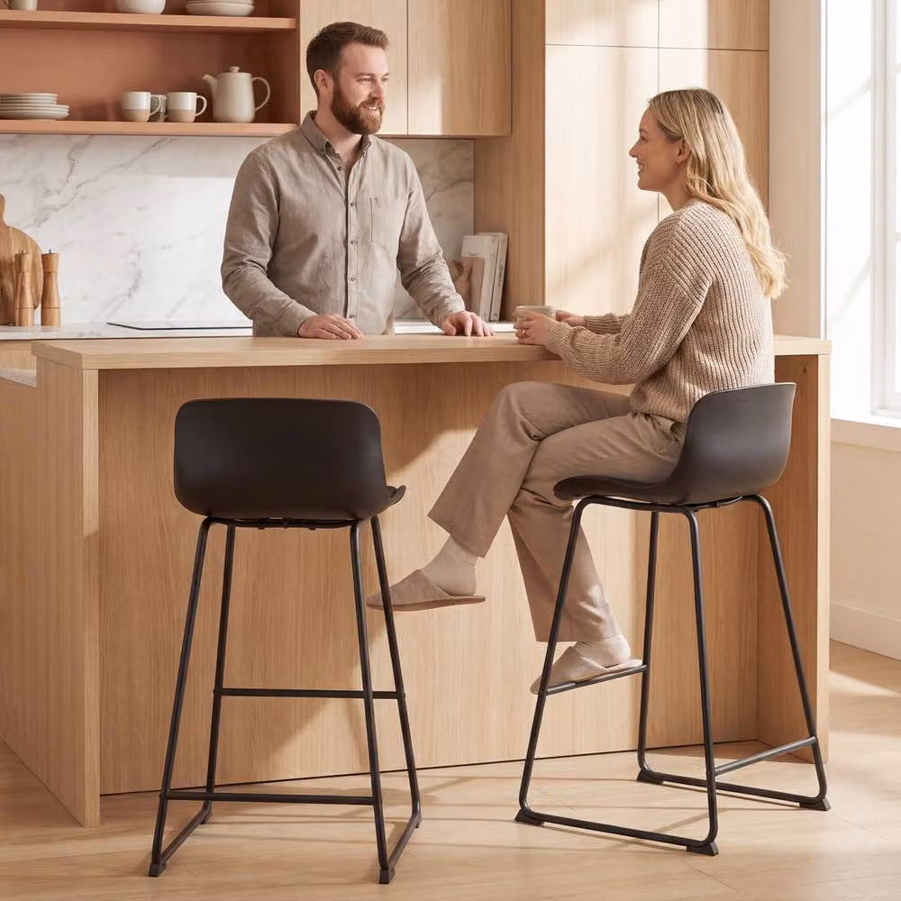 STILVORA Set of 2 Modern Bar Stools with Black Synthetic Leather Seats and Metal Frames – 2